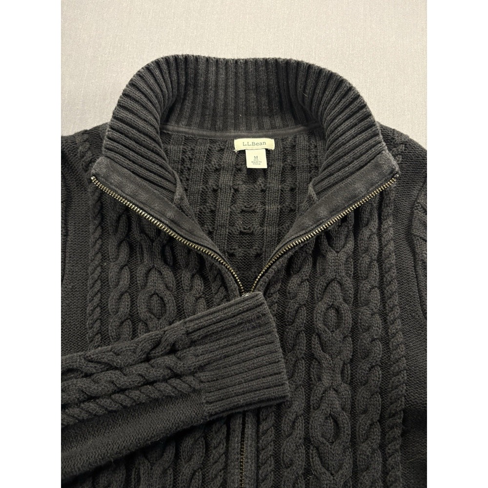 L.L. Bean Cable Knit Full Zip Sweater Womens M Black Chunky Knit Mock Neck
